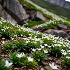 White flowers with green leaves grow at the foot of the mountain.