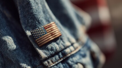 Vintage American flag pin on denim, warm sunlight and blurred stripes, evoking patriotism and nostalgia
