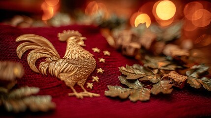 Obraz premium Golden Portuguese rooster emblem on red velvet with laurel leaves and cork accents, symbolizing national pride and festive tradition. 