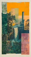 Abstract collage featuring a waterfall cityscape and lush foliage utilizing varied color palettes and textures