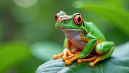 Naklejka premium Green tree frog, perched on white, vibrant skin, macro, leaping