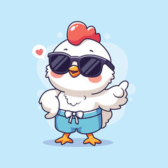 Cute cartoon chicken in sunglasses. Vector illustration on a blue background.