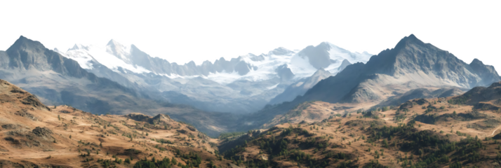 Expansive mountain range with snowcapped peaks landscape on transparent background png cutout