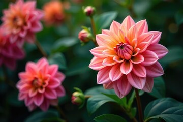 Obraz premium Intricate dahlia blooms, vibrant petals, lush foliage , red, background