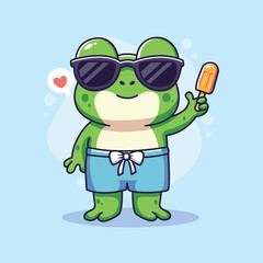 Funny frog in sunglasses with ice cream cartoon vector illustration graphic design