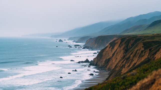 Serene coastal landscape with cliffs, waves crashing, and misty mountains in the background