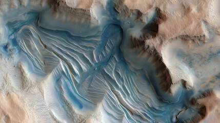 Fototapeta premium Layered sedimentary rocks in a Martian canyon with water ripple patterns, revealing ancient habitable planet evidence