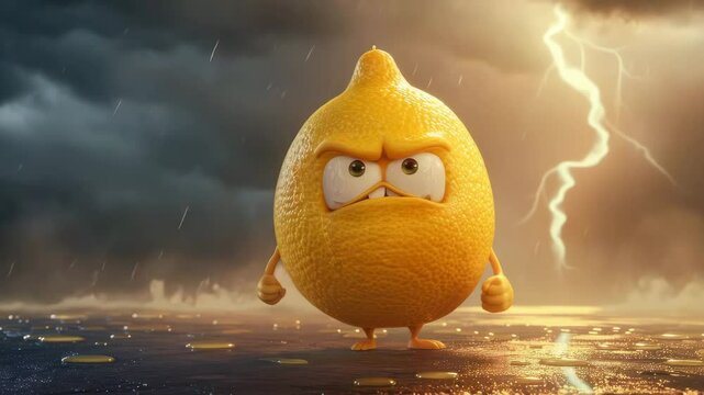 Angry lemon character with arms and legs standing on wet ground during storm with lightning, rain, and dark clouds creating dramatic mood