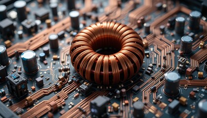 Intricate macro shot revealing a complex circuit board with copper wiring and various electronic