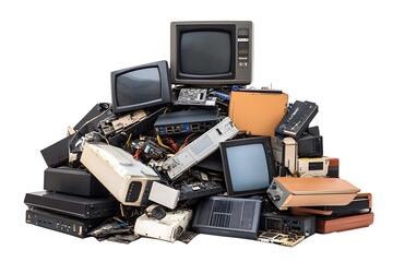 Pile of discarded obsolete electronic devices e waste on transparent background