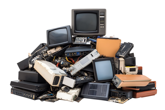 Pile of discarded obsolete electronic devices e waste on transparent background - Powered by Adobe