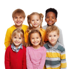 A heartwarming group portrait of smiling children of different ethnicities , isolated on white background PNG