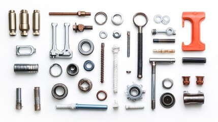 Plumbing components arranged neatly, 45-degree overhead view, soft studio lighting