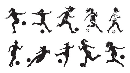 set of silhouettes of female soccer in action. Silhouettes of sport people vector illustration shows action with a soccer ball