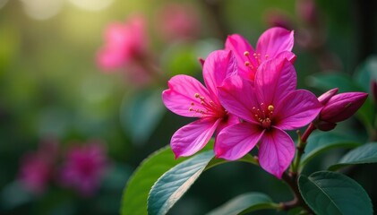 Fototapeta premium Vibrant fuchsia blossoms, intricate leaf details, vintage, bloom