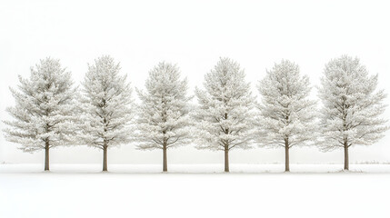Fototapeta premium Six snow-covered trees stand in a row against a white, foggy background