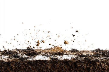 Wet mud, stains and water droplets texture with dry dirt flying in air, isolated on white background