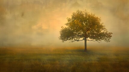 Fototapeta premium Scenic Autumn Landscape: Misty Solitary Tree at Dawn in Countryside Wilderness