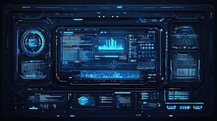 Floating holographic user interface with glowing blue data stream, dark futuristic background, cyberpunk aesthetic and 8K sci-fi concept.