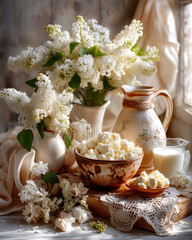 Rustic still life with traditional dairy products and fresh baked bread. Homemade cottage cheese and ricotta are served on a wooden board alongside slices of crusty bread and creamy butter. 