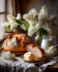 Rustic still life with traditional dairy products and fresh baked bread. Homemade cottage cheese and ricotta are served on a wooden board alongside slices of crusty bread and creamy butter. 