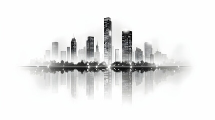 Obraz premium Monochromatic cityscape reflected in calm water showcasing a skyline of skyscrapers and a tranquil waterfront Elegant