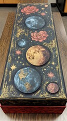Long box with celestial and floral design. Planets, stars, and roses adorn a dark background