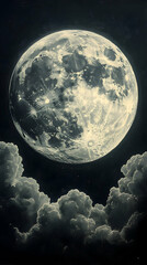 Obraz premium A large detailed moon hangs in a dark night sky partially obscured by fluffy clouds at the bottom The moons surface