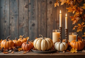 Autumnal Pumpkins and Candles: A Rustic Thanksgiving Still Life
