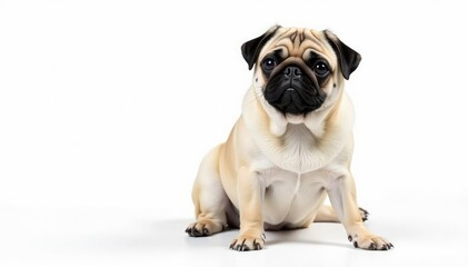 Obraz premium Adorable pug dog sitting, isolated on white background, friend, pet