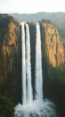 Majestic twin waterfalls cascading down a high cliff face creating a misty spray at the base  Surrounding landscape is