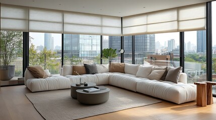 Modern corner sectional sofa in a bright living room with city views