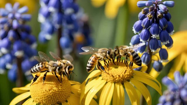 honey bees gather nectar on bright yellow daisies with fluttering wings and soft golden light in a spring meadow