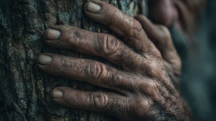 Fototapeta premium Close up of a wrinkled hand touching the rough texture of tree bark showcasing the connection between people and nature