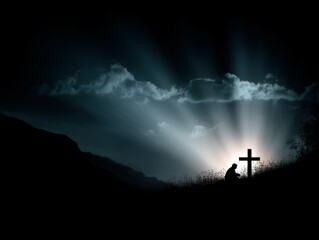 Silhouette of a person praying at a cross during sunset