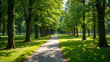 Obraz premium Sunlit Park Path: Lush Green Trees, Serene Pathway