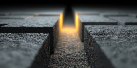 Dark gray textured blocks form a path with a glowing yellow light at the end, symbolizing hope, journey, or a new beginning