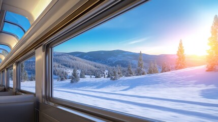 Scenic winter train journey through snow-covered mountains with bright sunlight in the background