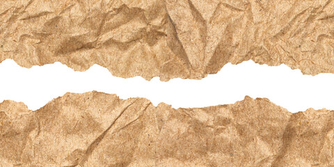 Crumpled Torn Brown Paper Frame with Realistic Wrinkled Texture Isolated on Transparent Background