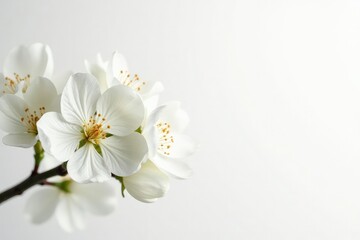 Delicate white blossoms against pure white background, bright, soft, nature