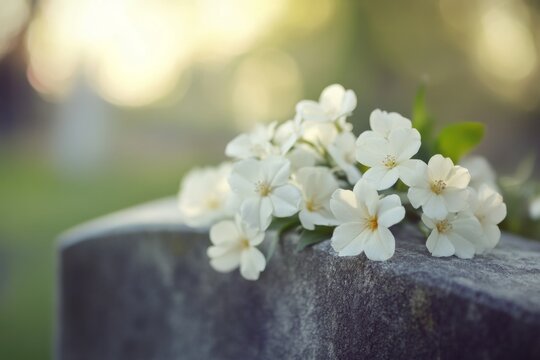 White flowers gently placed on a grave marker in a cemetery  