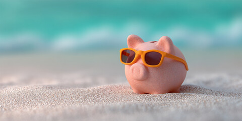 Piggy bank wearing sunglasses on sandy beach, turquoise water background Free space for text, symbolizes saving for summer vacation