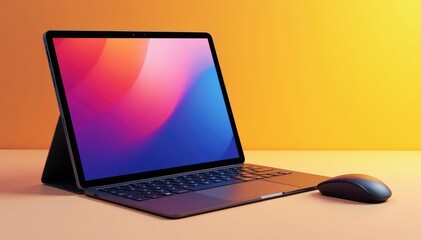 Floating tablet, keyboard, wireless mouse, isolated , home office, clean background