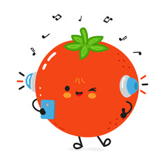 Animated tomato character listening to music with headphones and a smartphone, surrounded by musical notes.