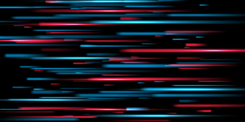 Speed light background. Color neon spark rays on black. Futuristic shiny pattern with bright red and blue flares on dark. Modern technology vector illustration.