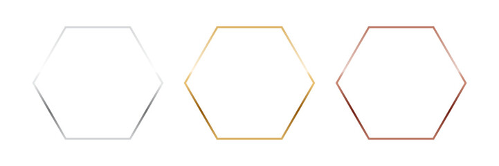 Gold, silver and bronze hexagon frames. Metal thin photo or picture frames isolated on transparent background. 3d realistic empty template vector illustration set.