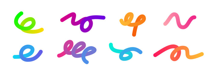 Color gradient lines set. Colorful graphic wavy shapes. Vibrant curved paint lines with smooth transitions. Modern artistic design elements isolated on white. Abstract 3D vector illustration.