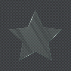 Transparent glass frame with star shape. 3d plastic blank screen isolated on on transparent background. Reflective surface panel with light glare. Modern UI element. Realistic vector illustration.