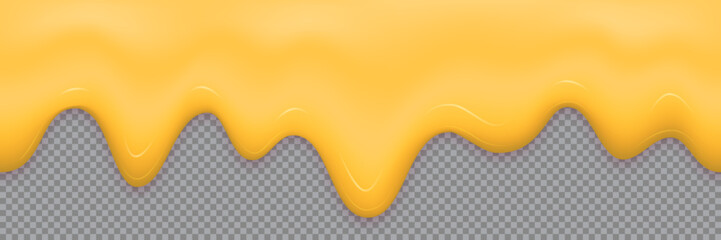 Dripping honey, jam, sauce, cream or cheese on transparent background. Seamless glossy liquid texture for food design. Realistic vector illustration.