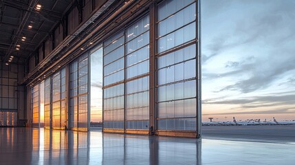 Fototapeta premium Large hangar doors are open, showcasing a vibrant sunset illuminating the airport landscape. Parked airplanes are visible in the distance, creating a tranquil atmosphere